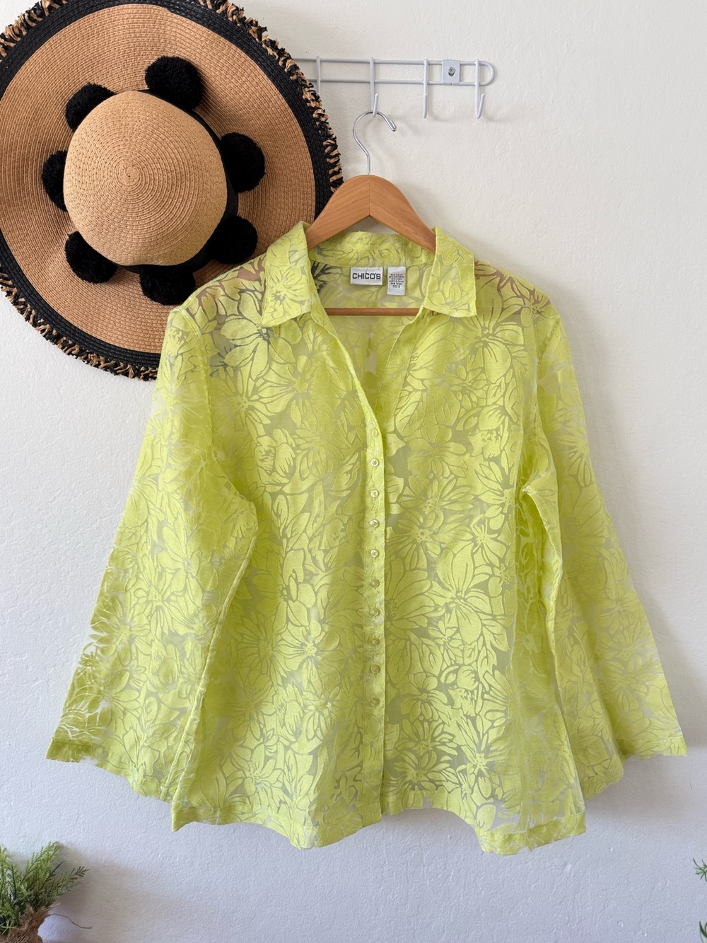 Chico’s Yellow Green Linen Blend Sheer Floral Button Down Shirt Size XL